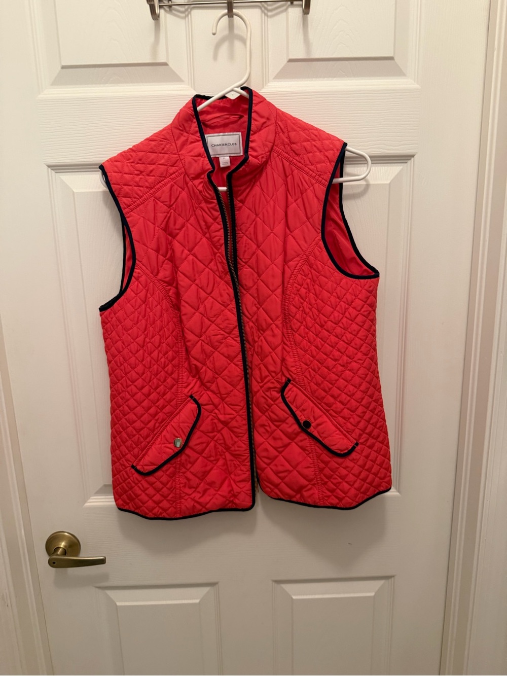 Charter Club Coral-Red Quilted Vest with Navy Trim